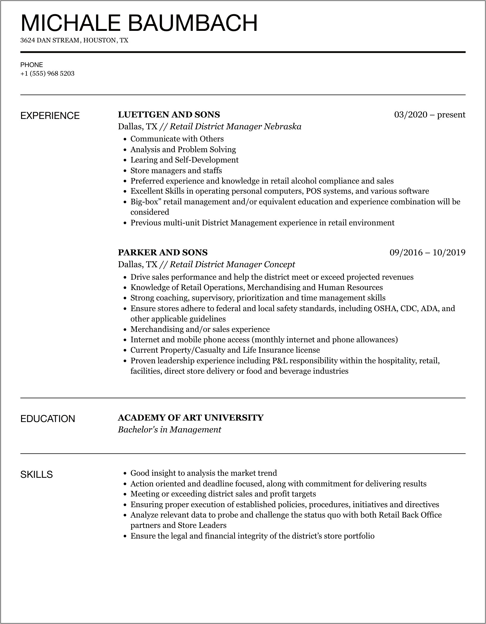 Resume Examples For Stpre Manager