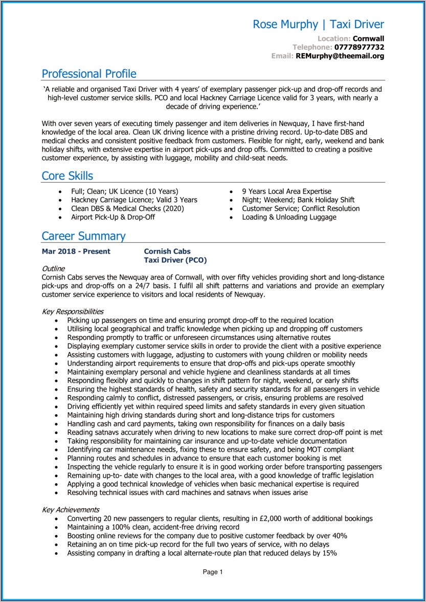 Resume Examples For Taxi Driver