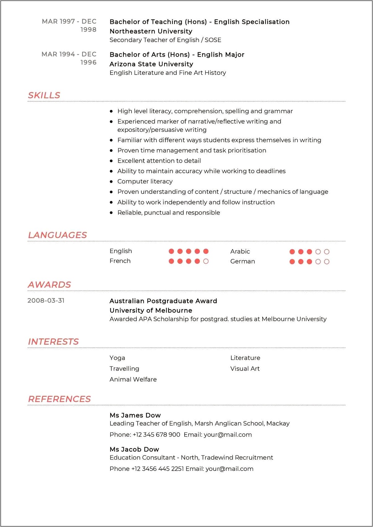 Resume Examples For Teachers Australia