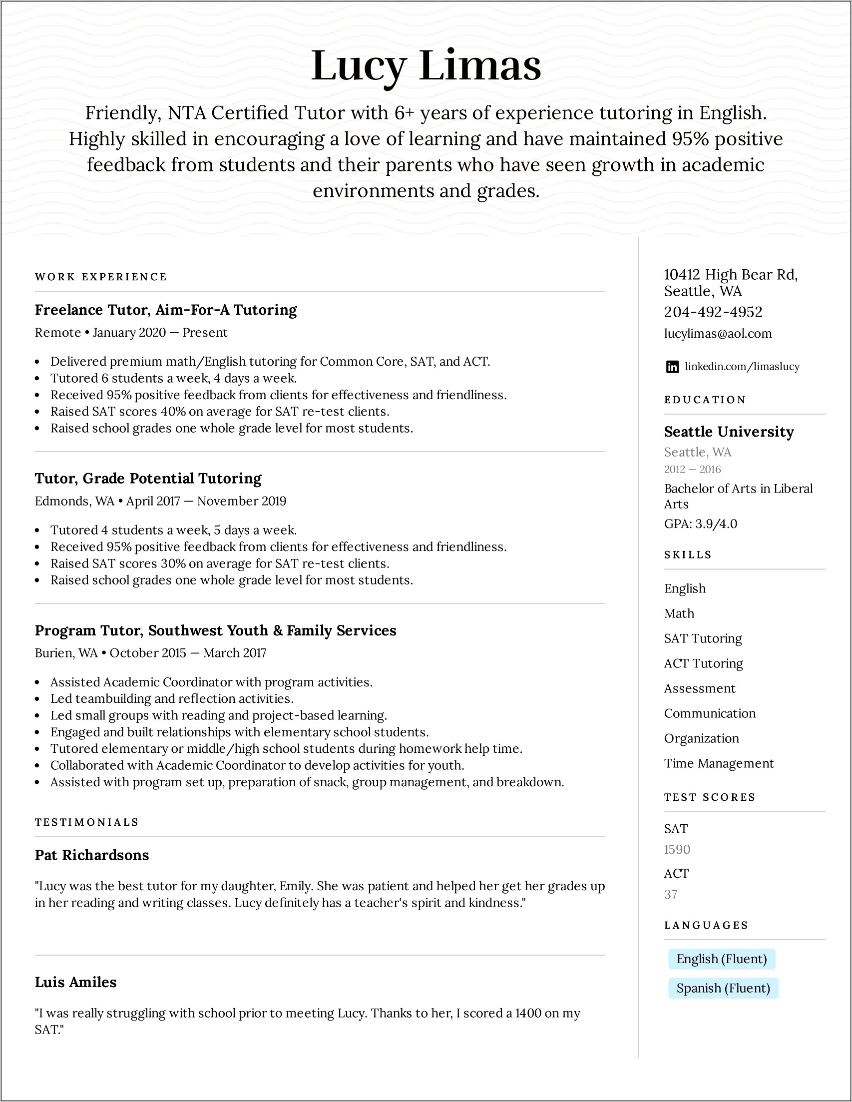 Resume Examples For Tutoring Jobs