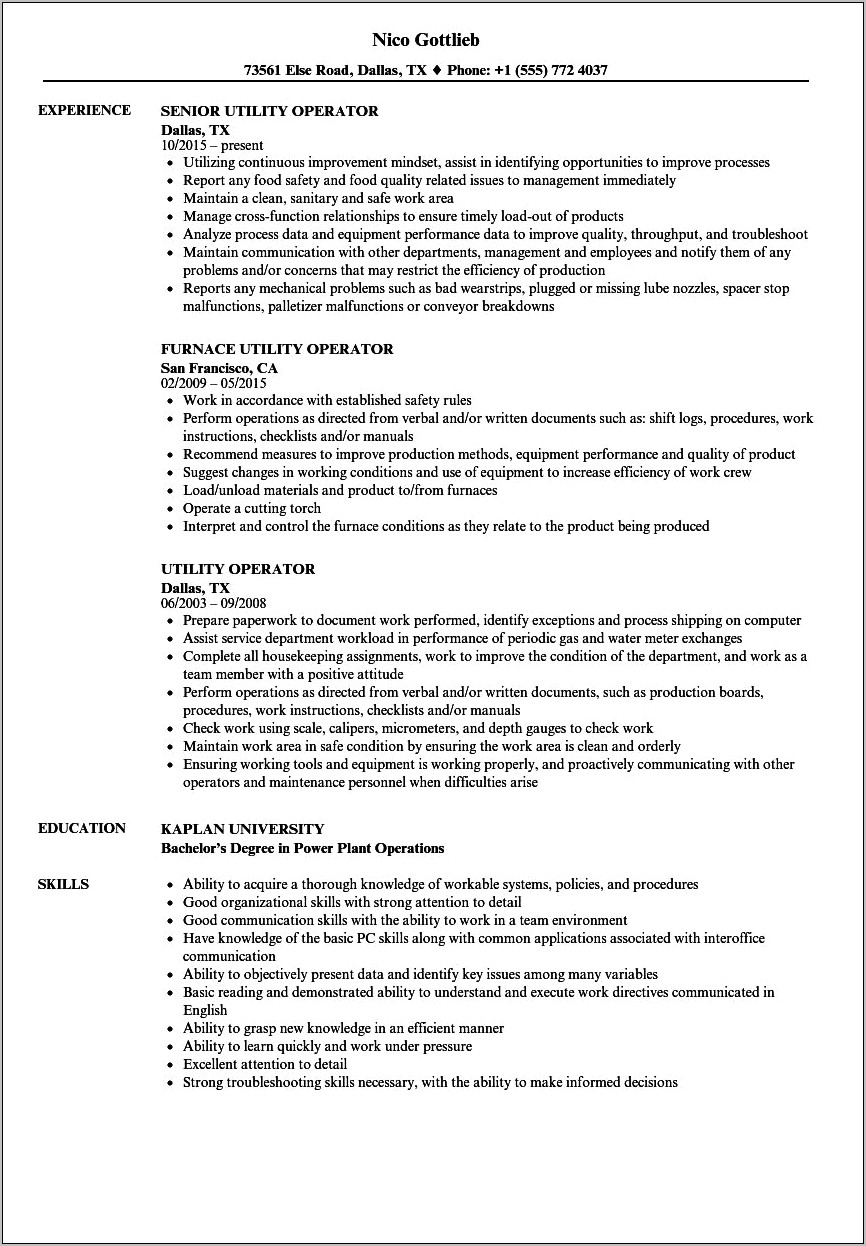 Resume Examples For Utility Worker