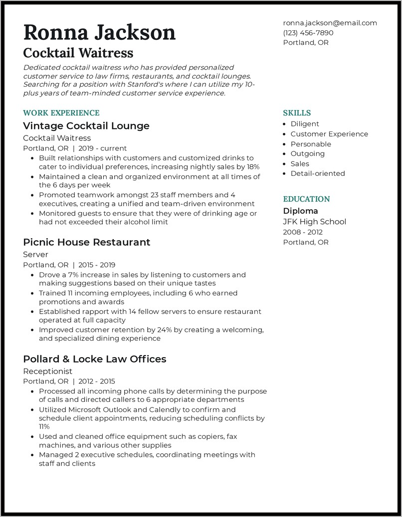 Resume Examples For Waiting Staff