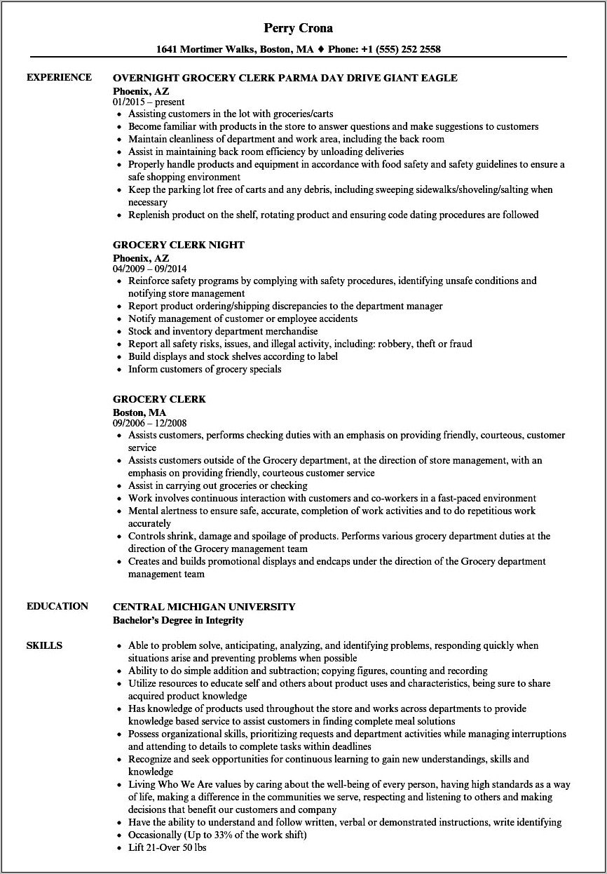 Resume Examples Grocery Store Manager