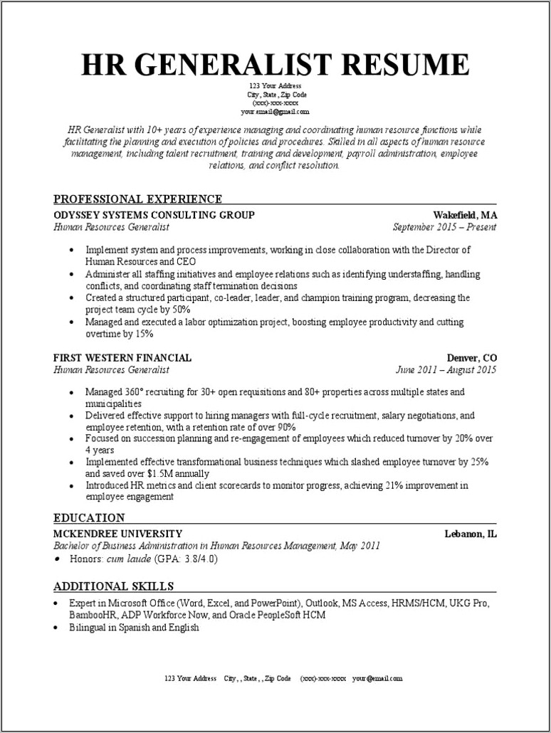 Resume Examples Human Resources Generalist