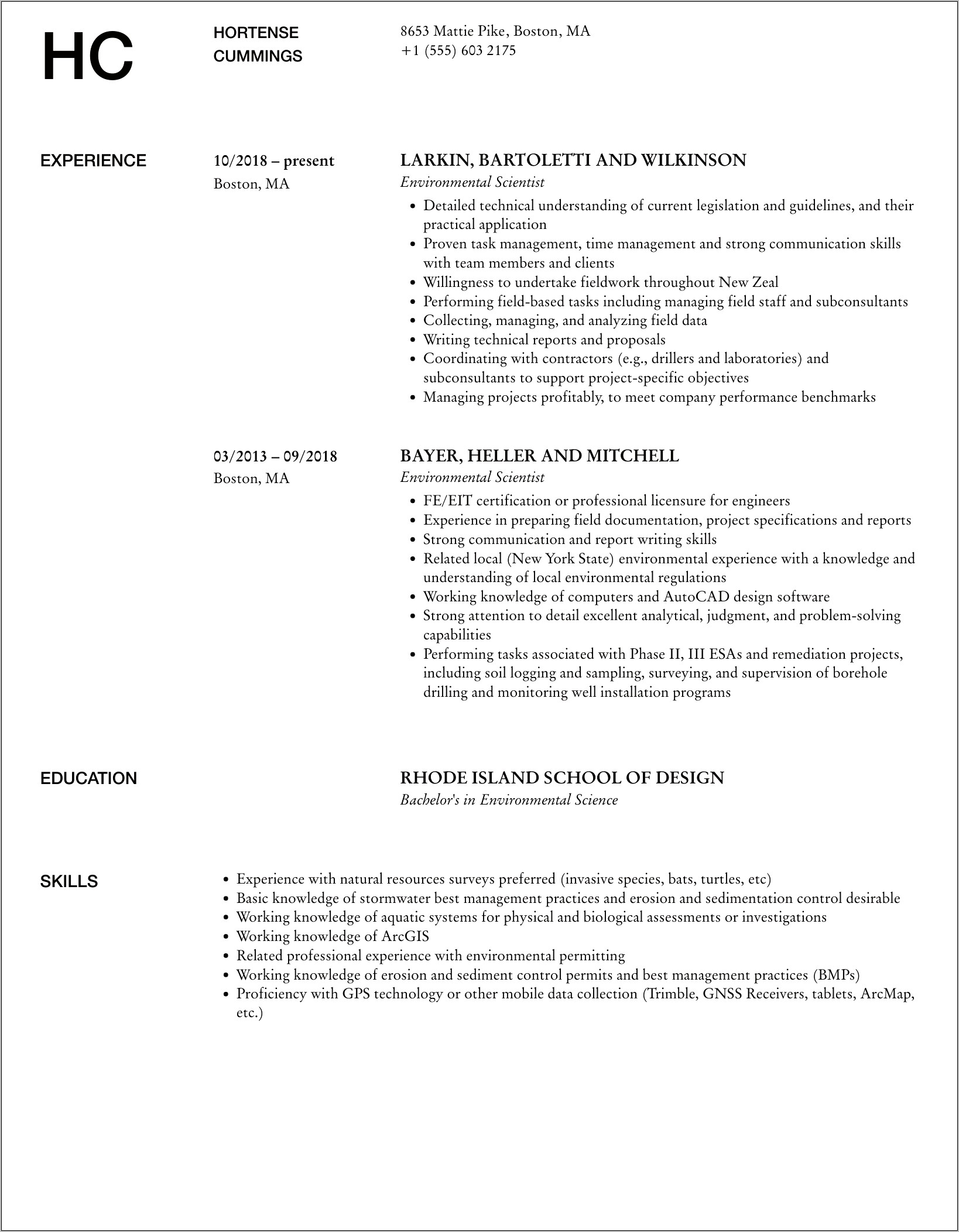 Resume Examples In Natural Resources