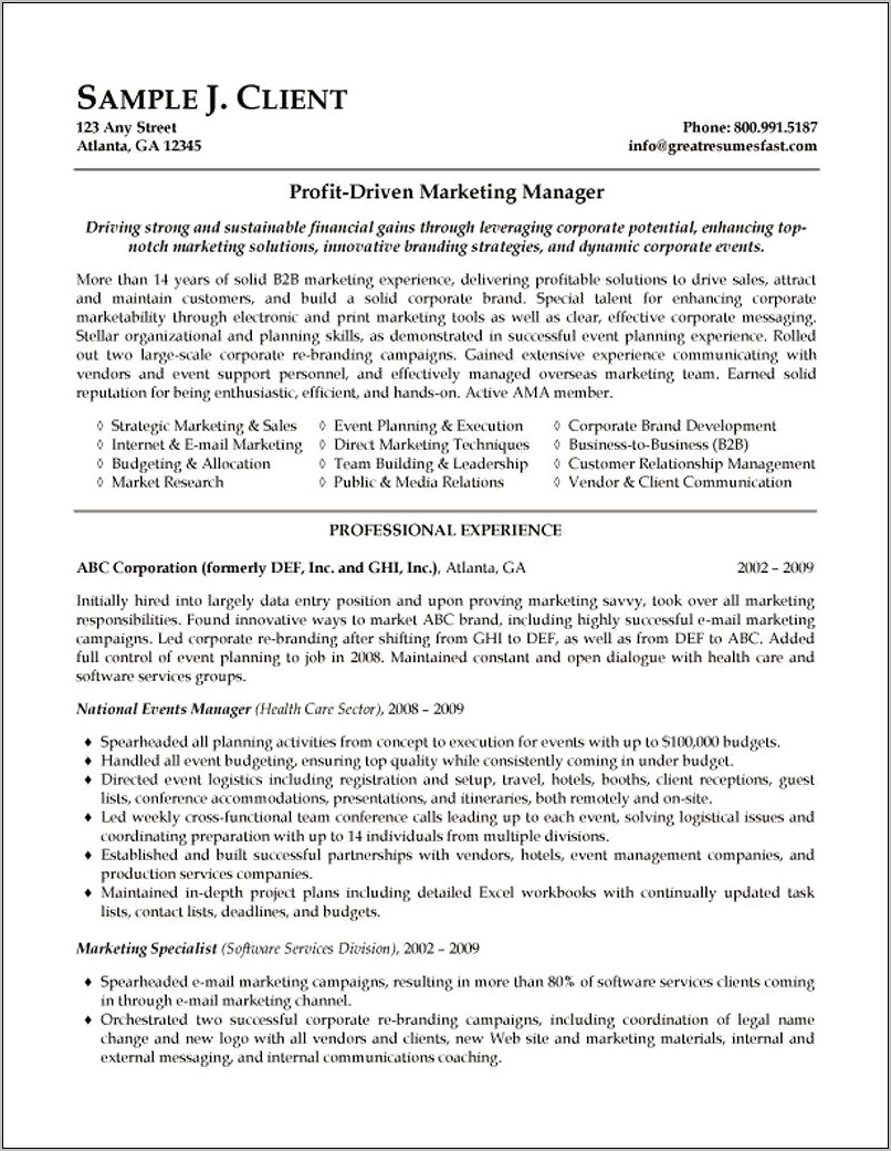 Resume Examples Marketing Manager Position