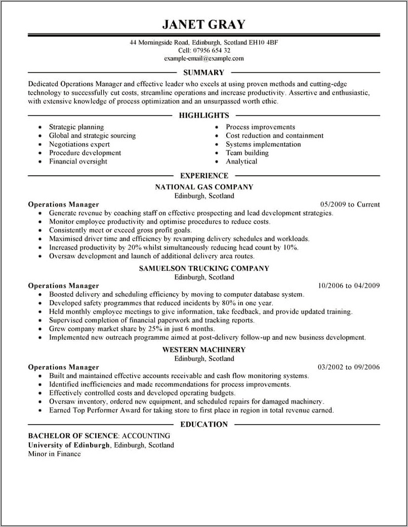 Resume Examples Operations Manager 2019