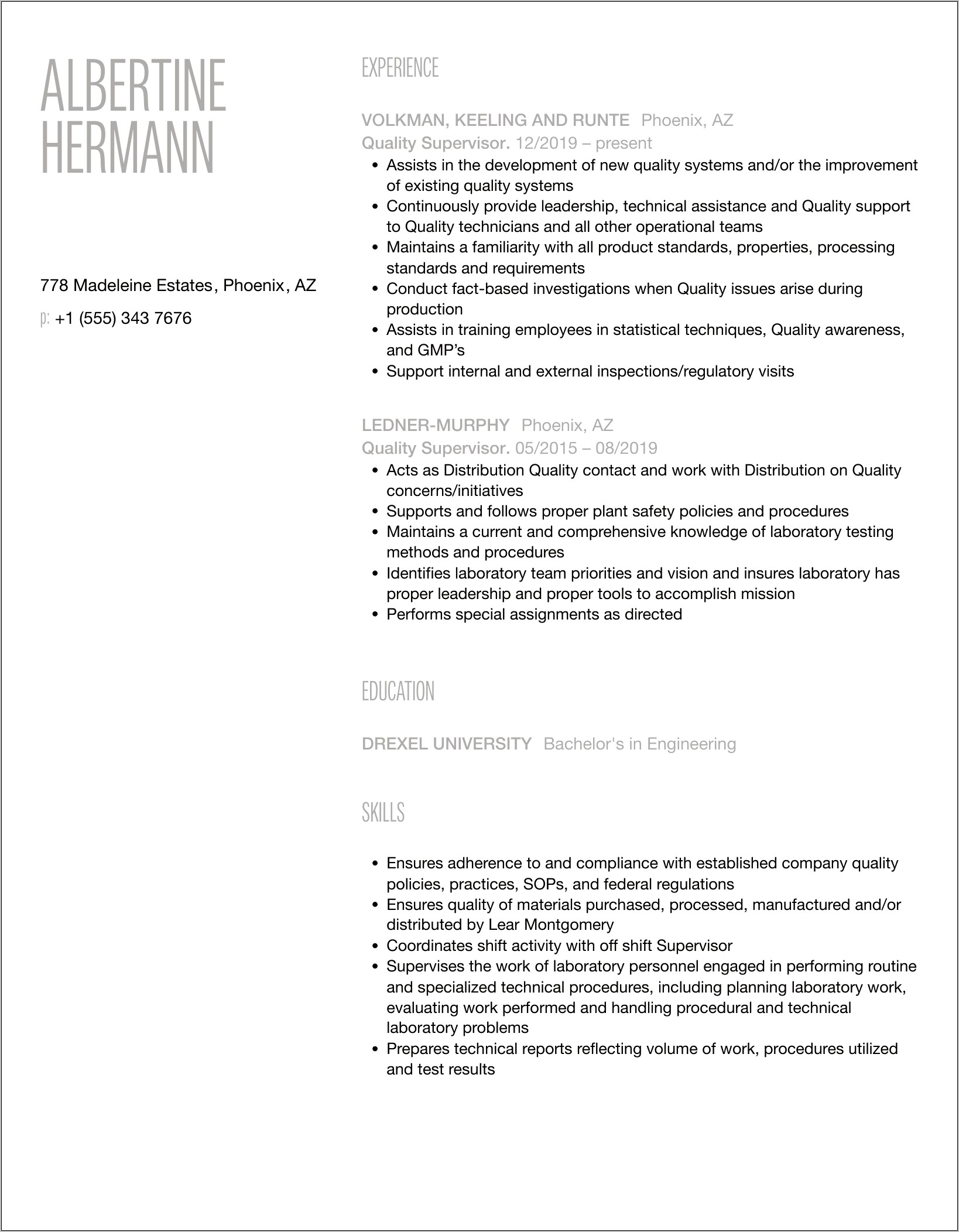 Resume Examples Reflecting Supervisor Experience