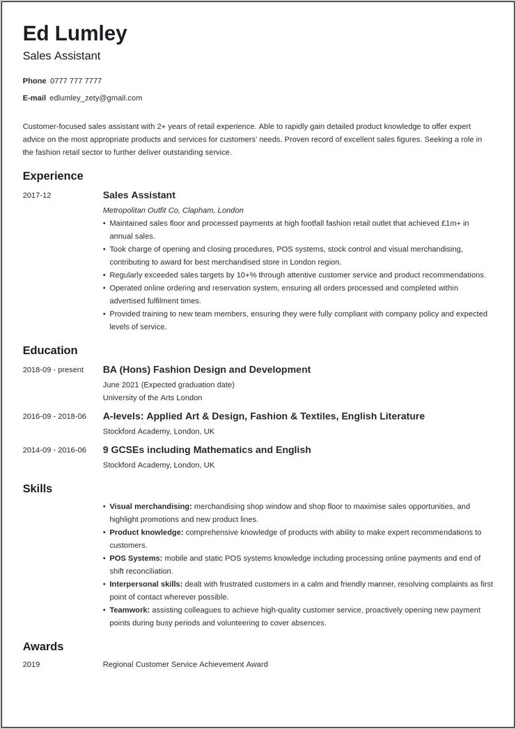 Resume Experience Example For Retail