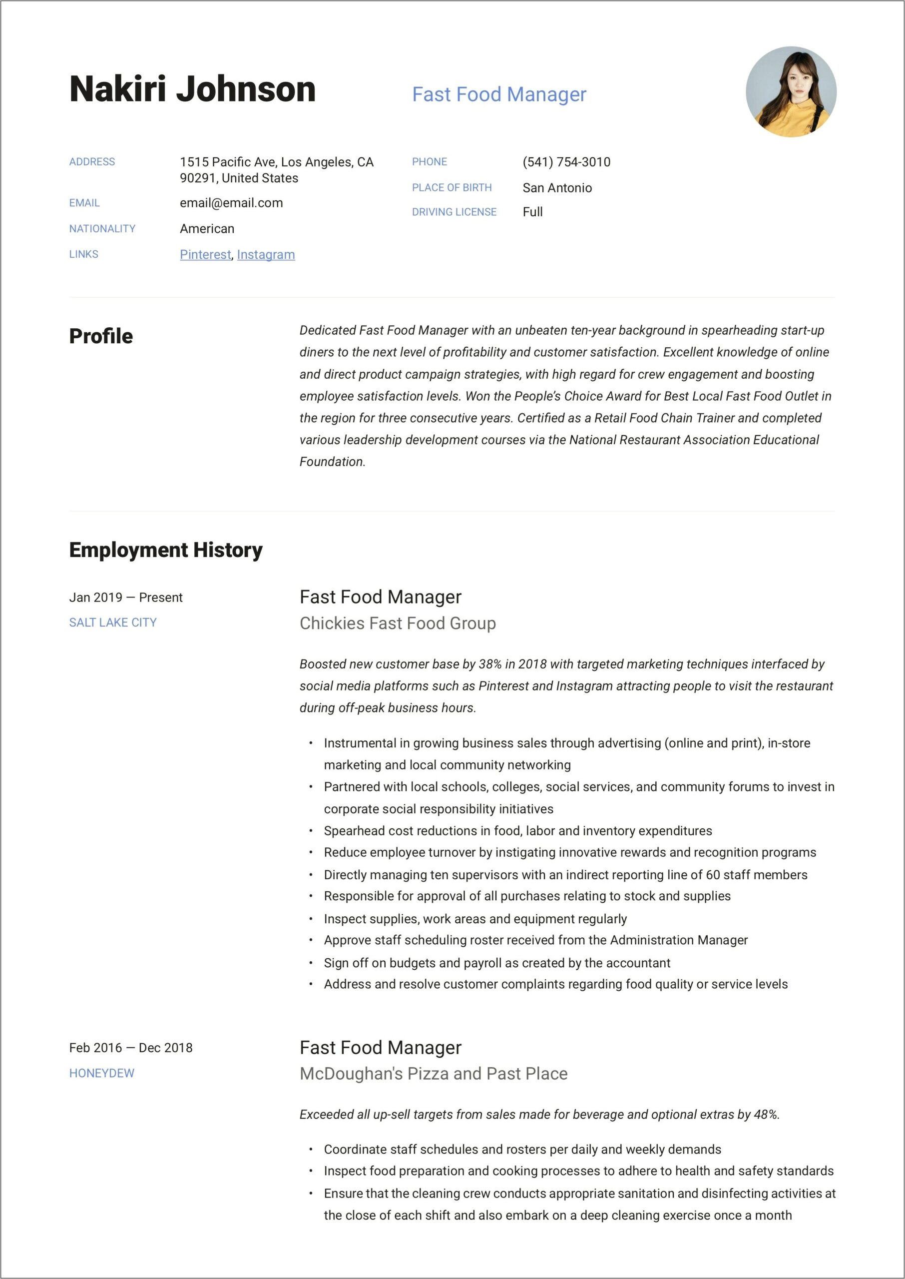 Resume Fast Food Experience Examples
