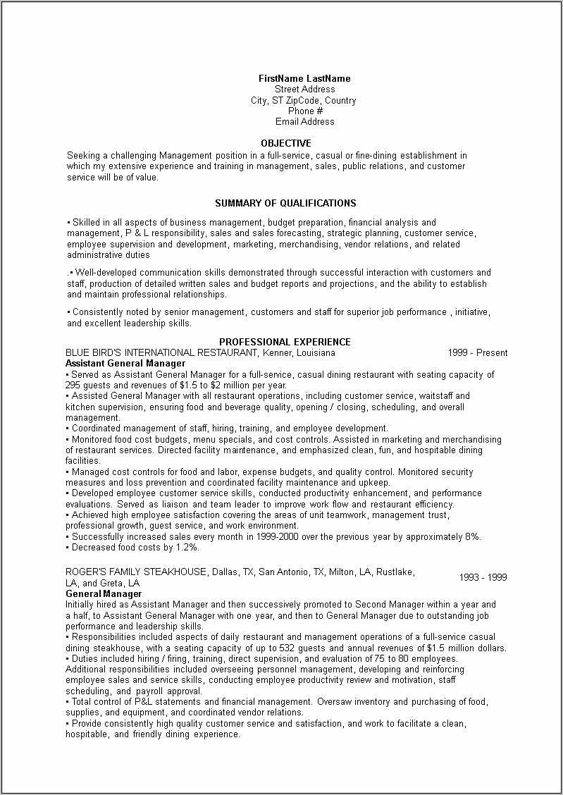 Resume Foh Restuarant Manager Description