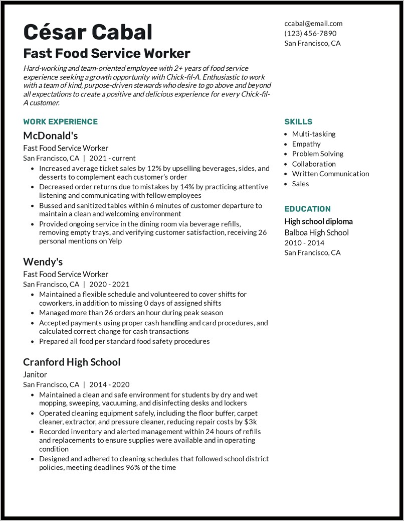 Resume Food Service Manager Skills