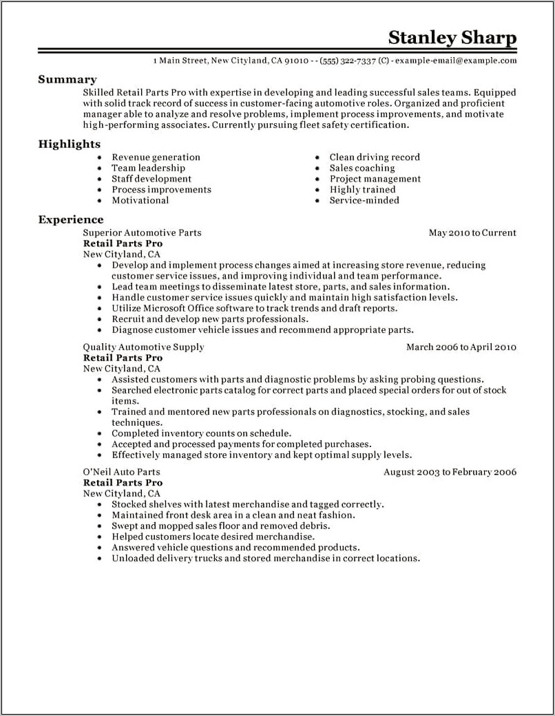 Resume For A Parts Manager