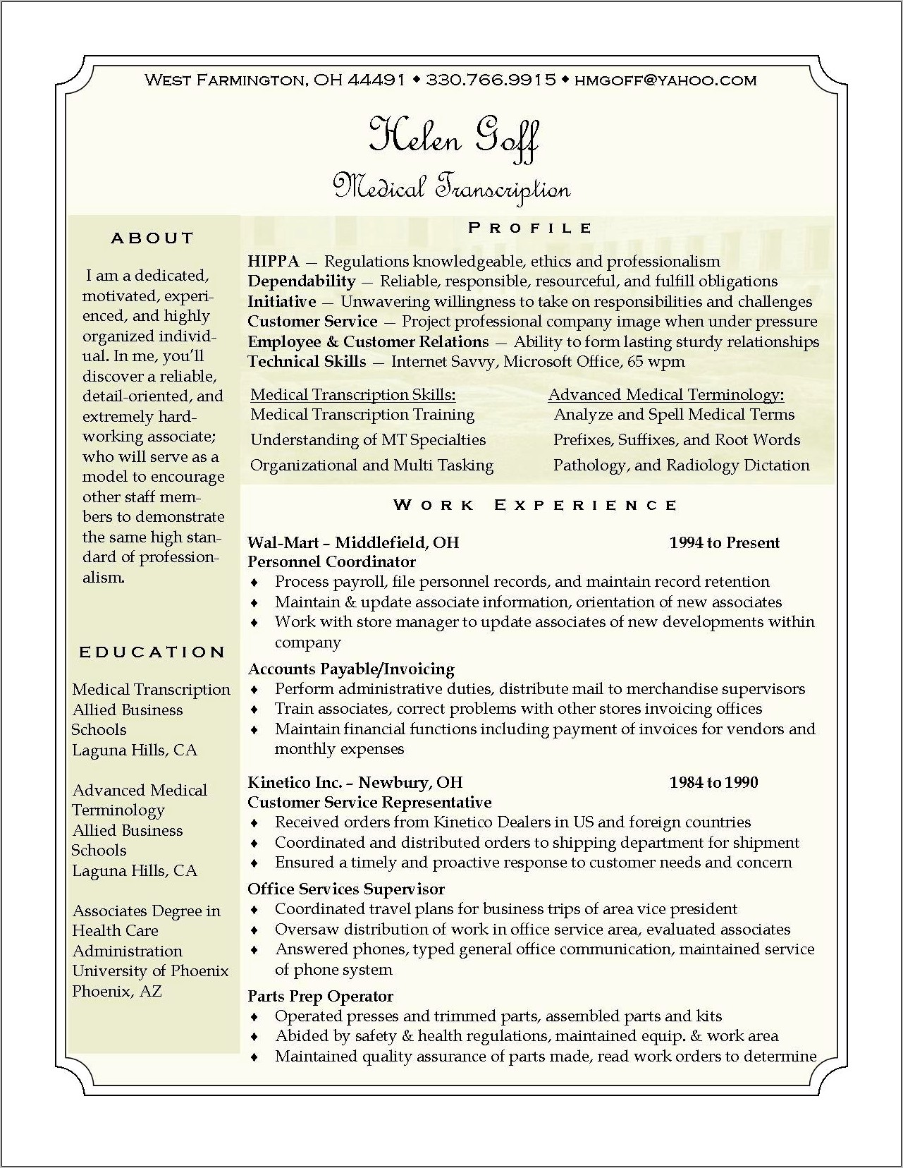 Resume For A Transcriptionist Job