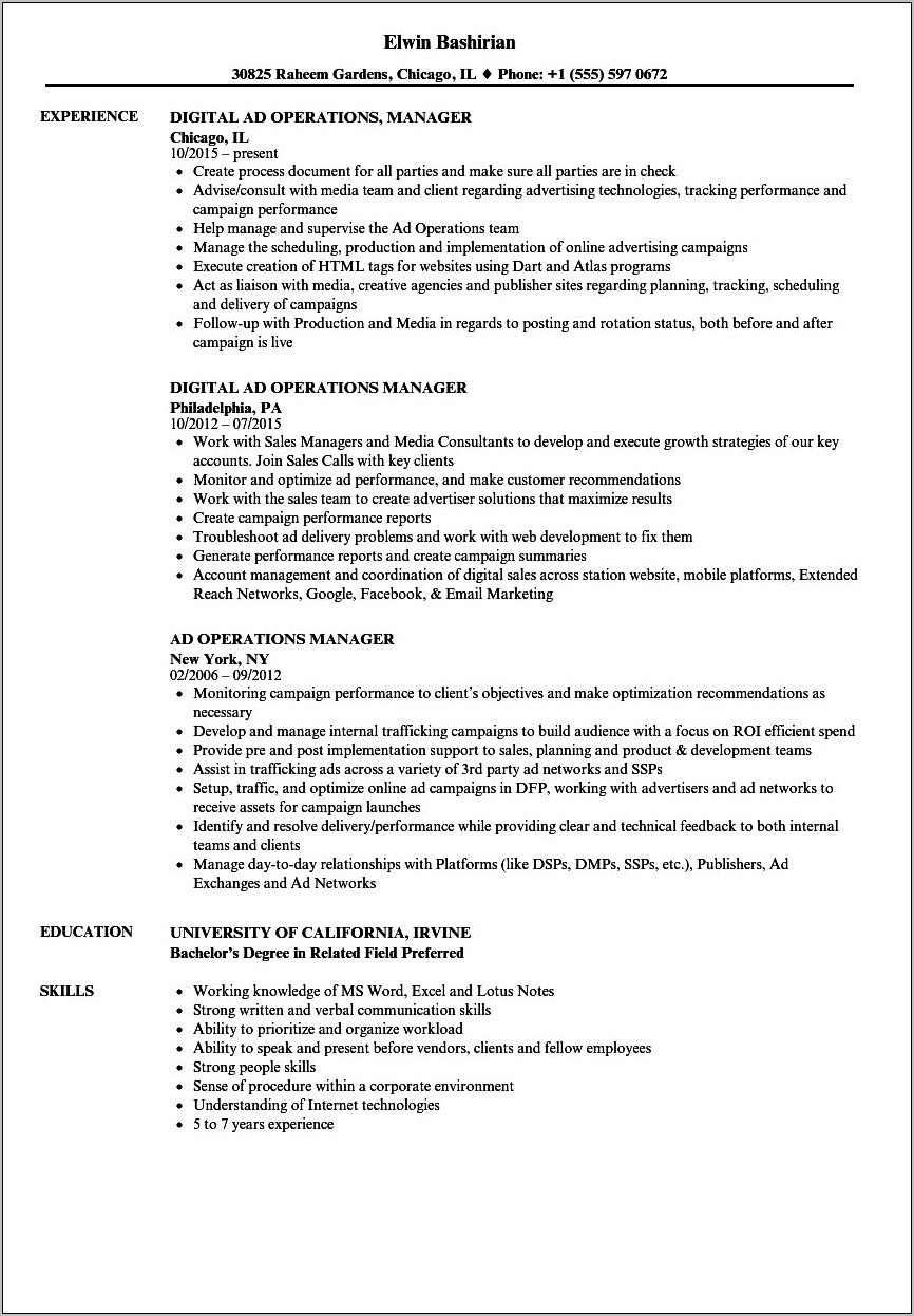 Resume For Ad Operations Manager