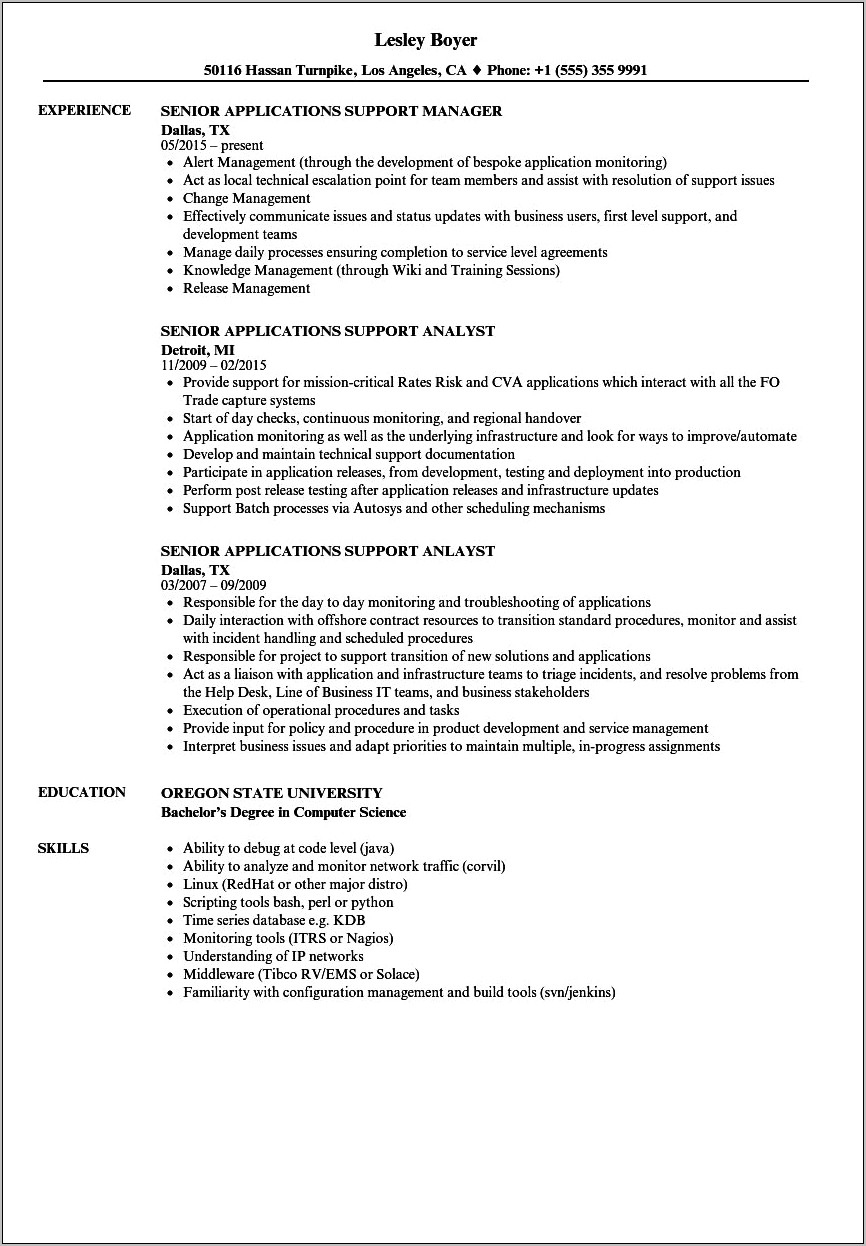 Resume For Application Support Manager