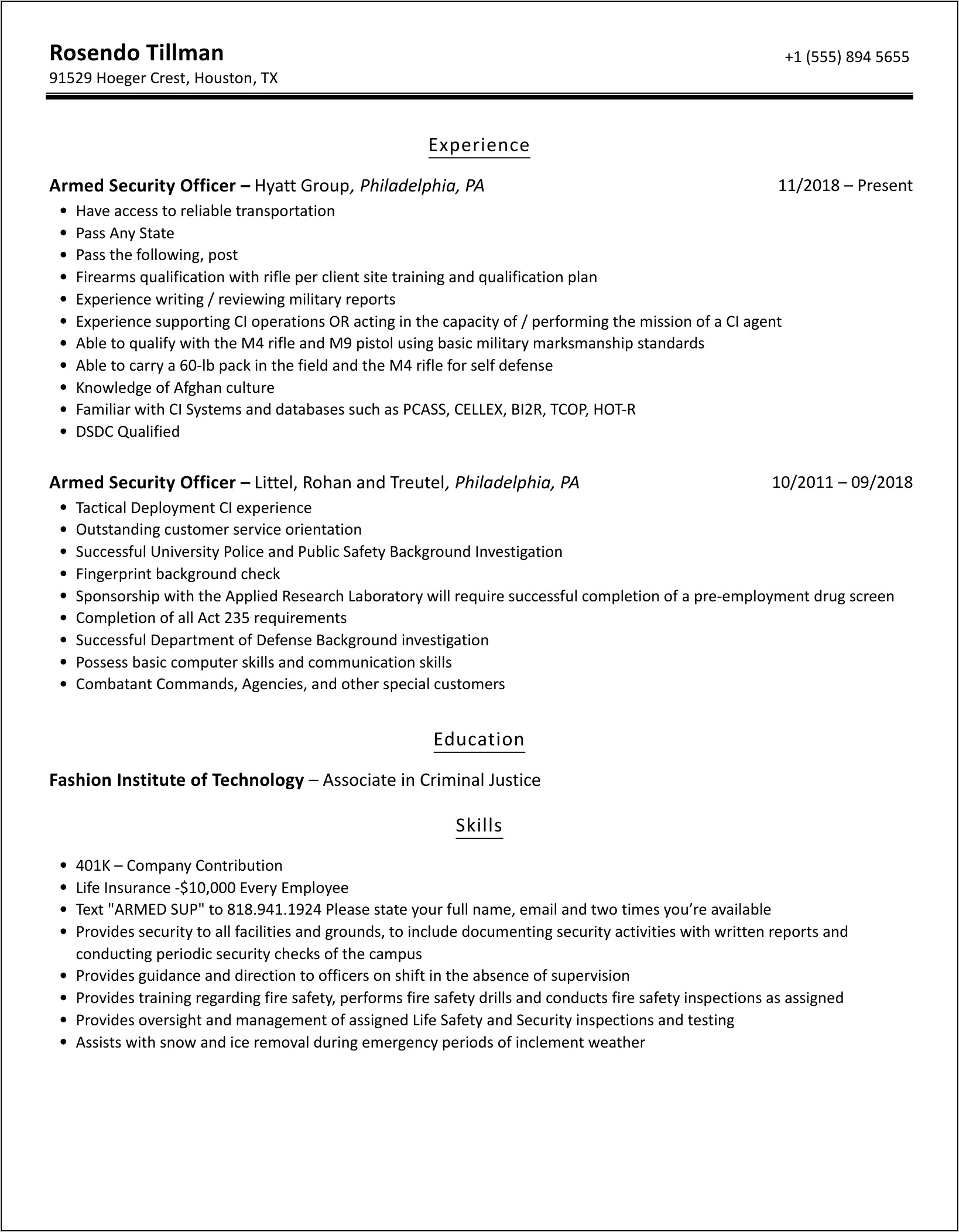 Resume For Armed Guard Jobs