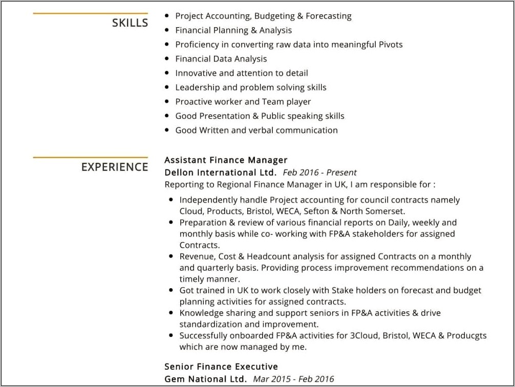 Resume For Assistant Manager Finance