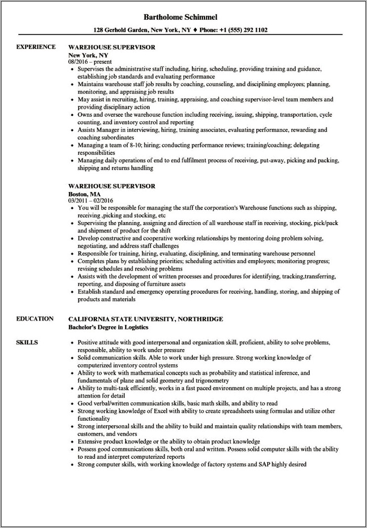 Resume For Assistant Warehouse Manager