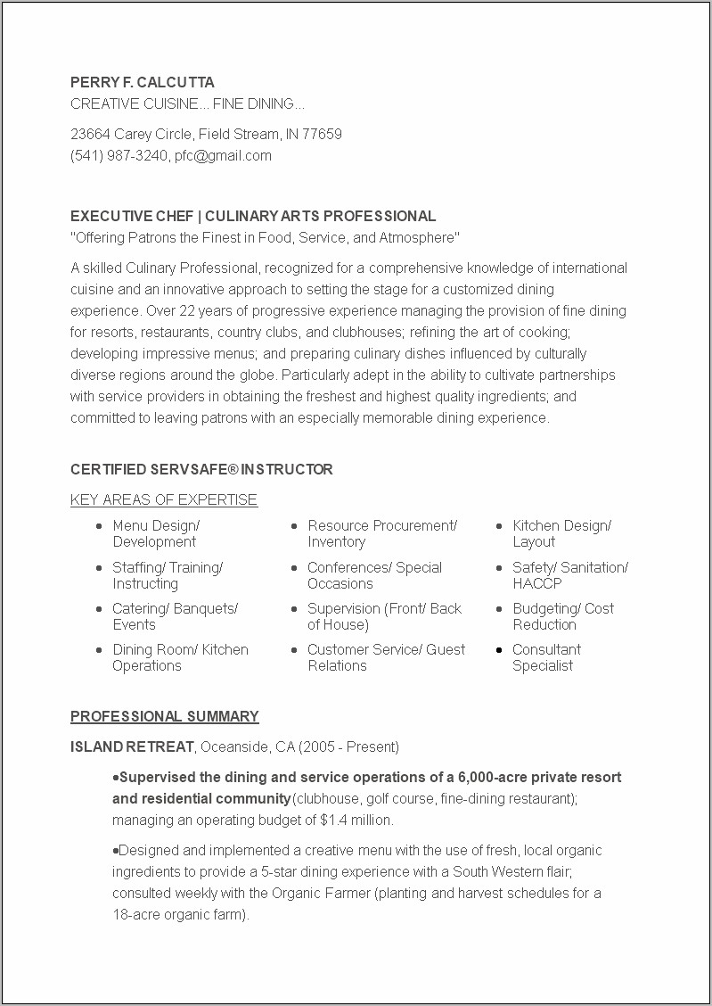 Resume For Chef Template Examples