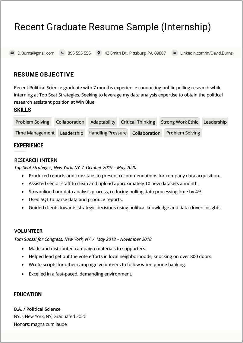 Resume For College Graduate Skills