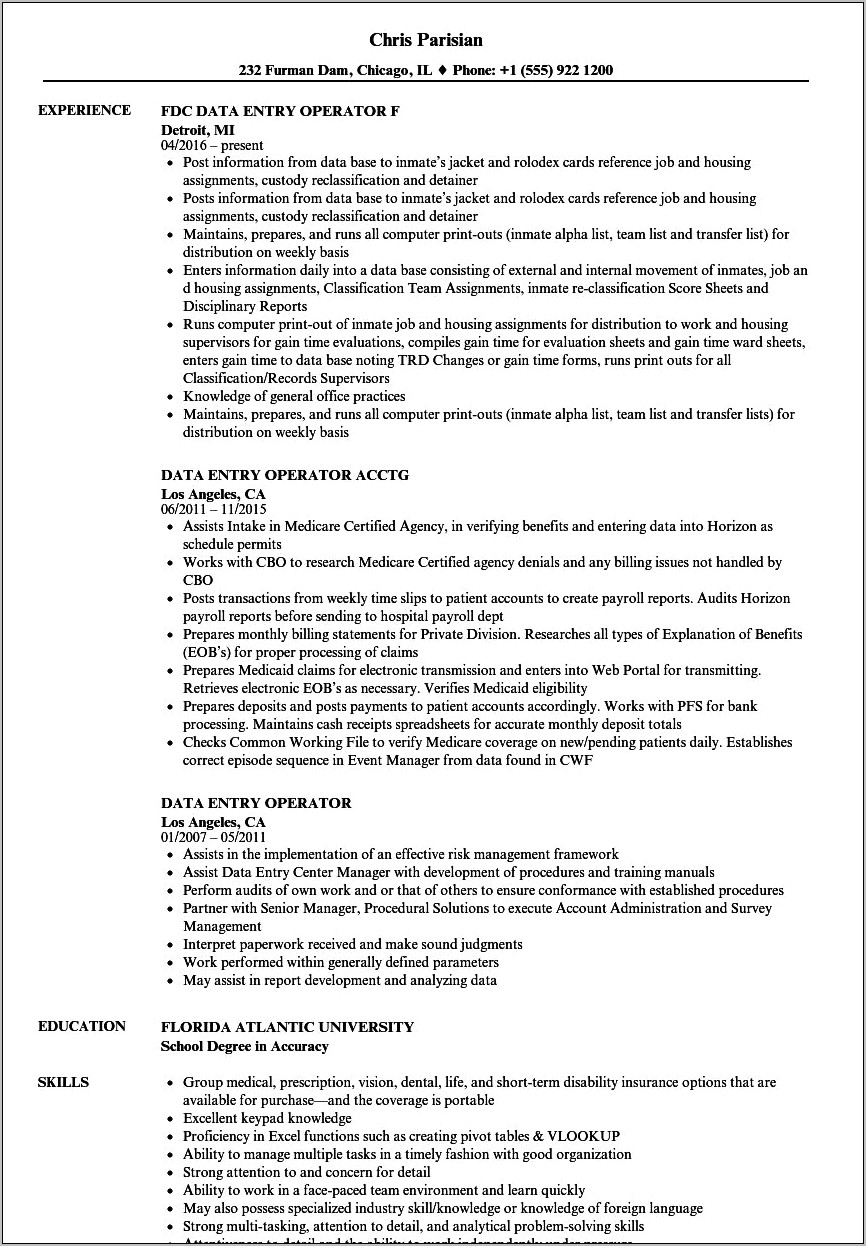 Resume For Computer Operator Job