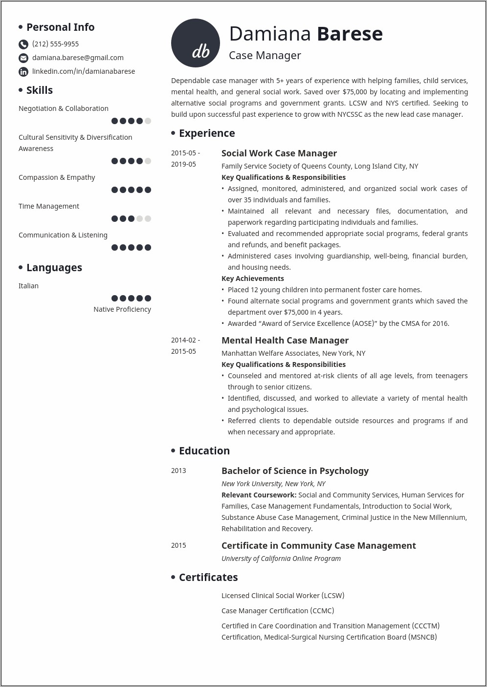 Resume For Correctional Case Manager