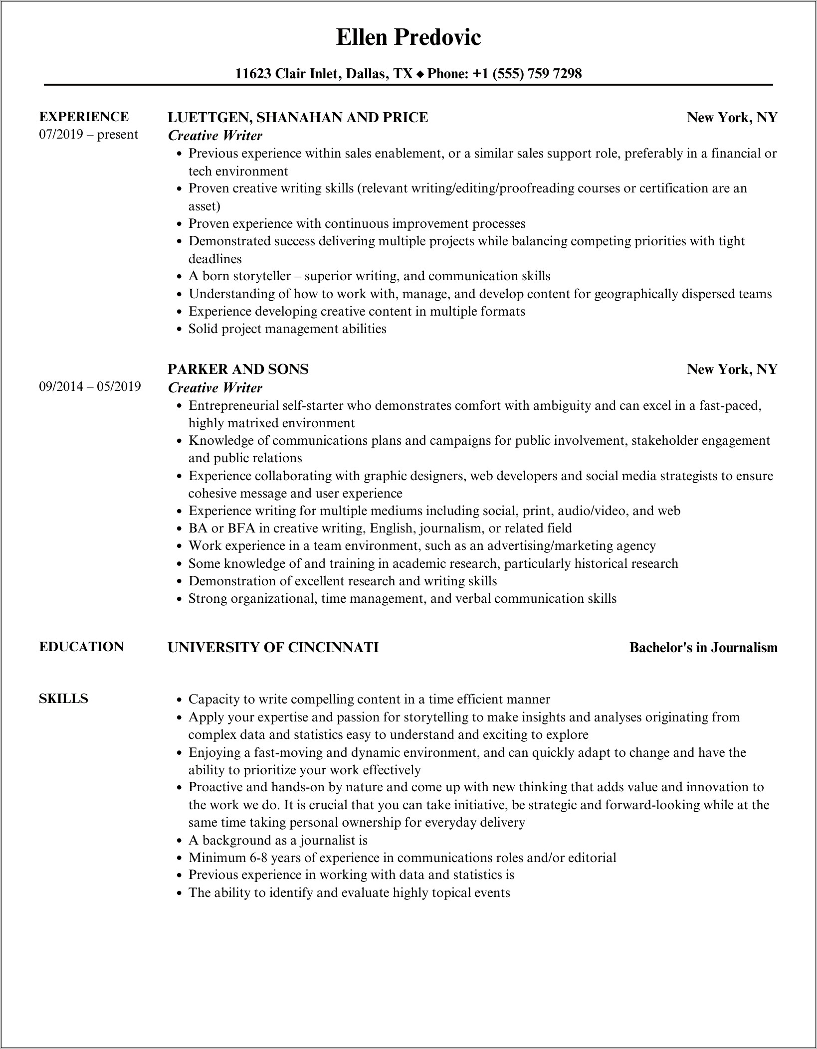 Resume For Creative Writer Sample