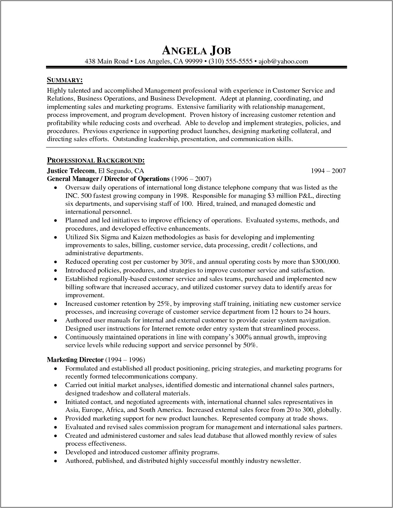 Resume For Customer Relations Manager