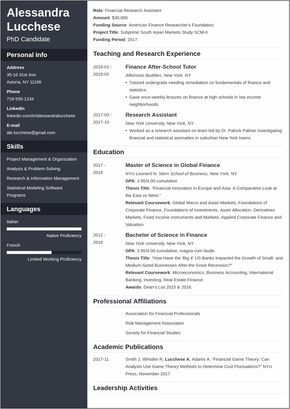 Resume For Graduate Admission Sample