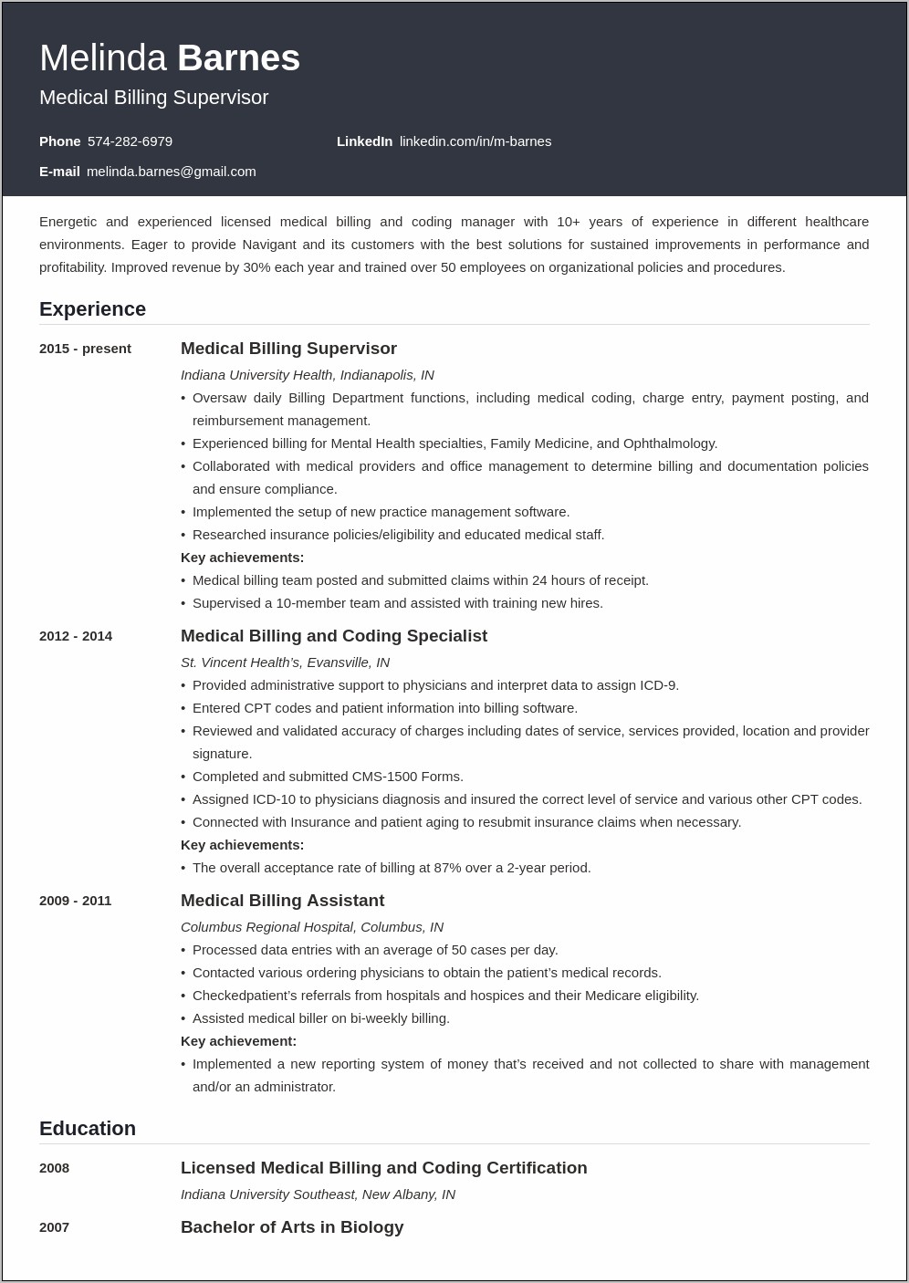 Resume For Hospital Billing Manager