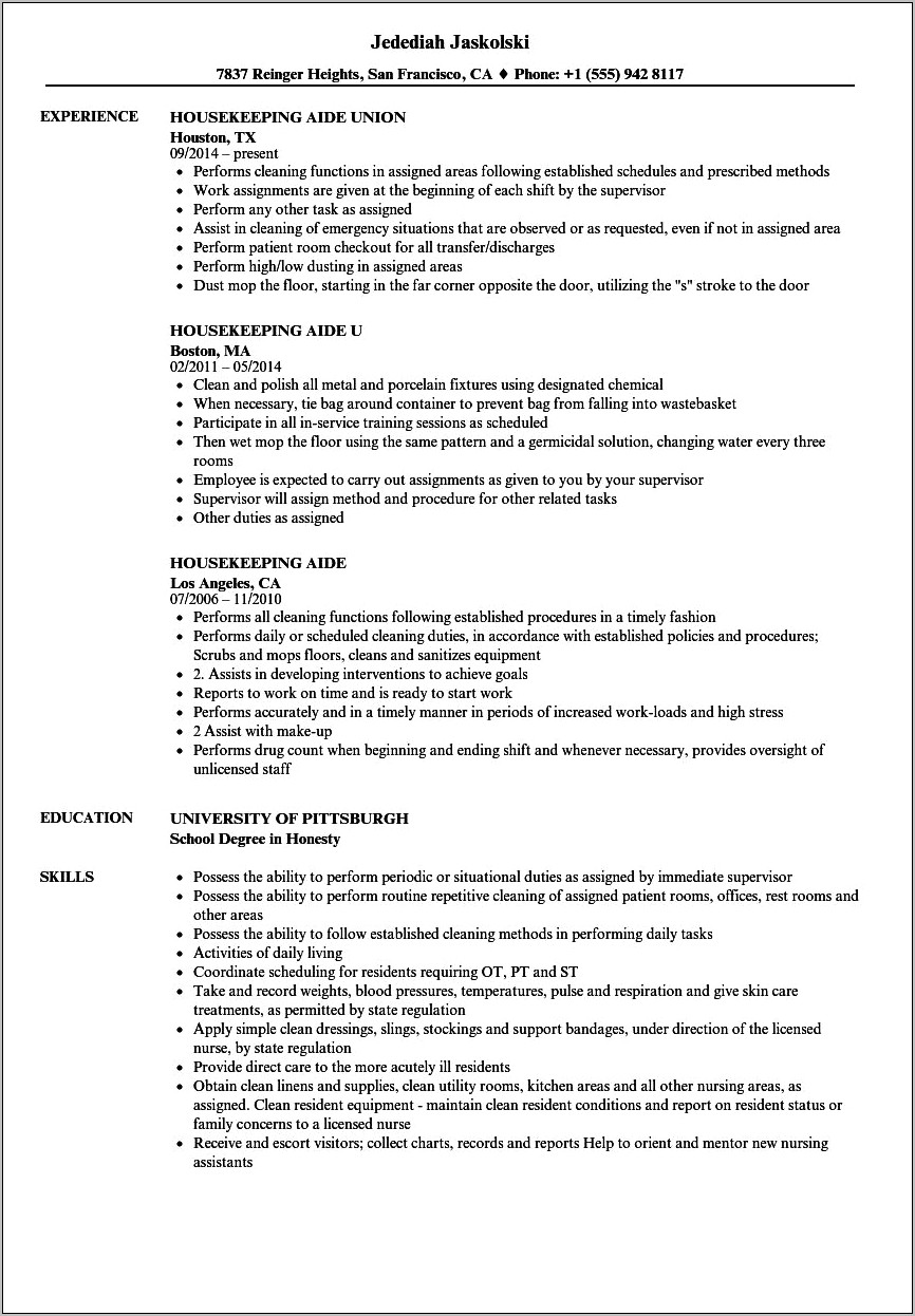 Resume For Hospital Housekeeping Job