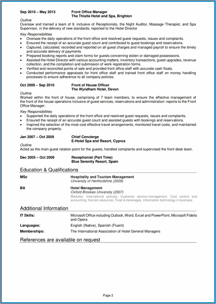 Resume For Hotel Management Student