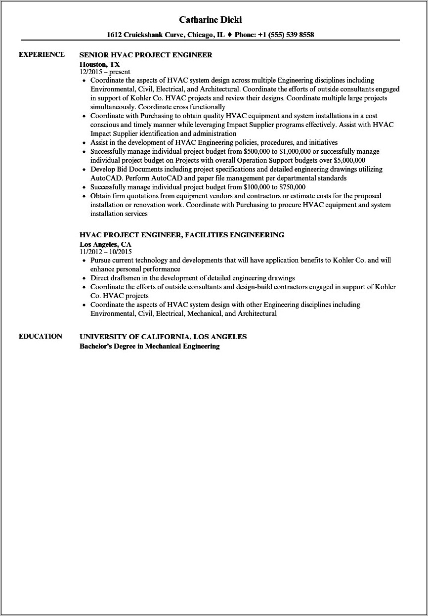 Resume For Hvac Project Manager