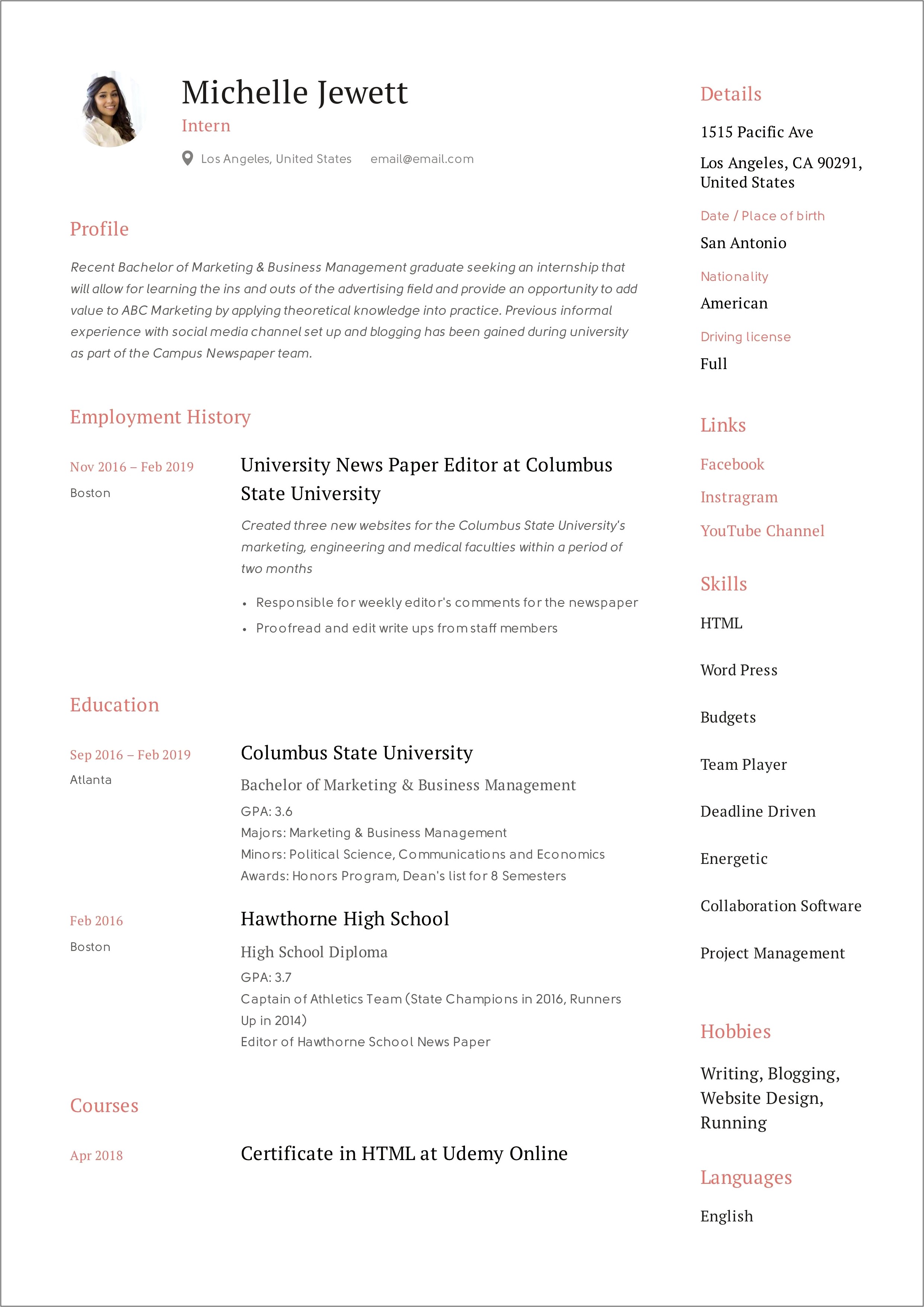 Resume For Internship Sample Usa