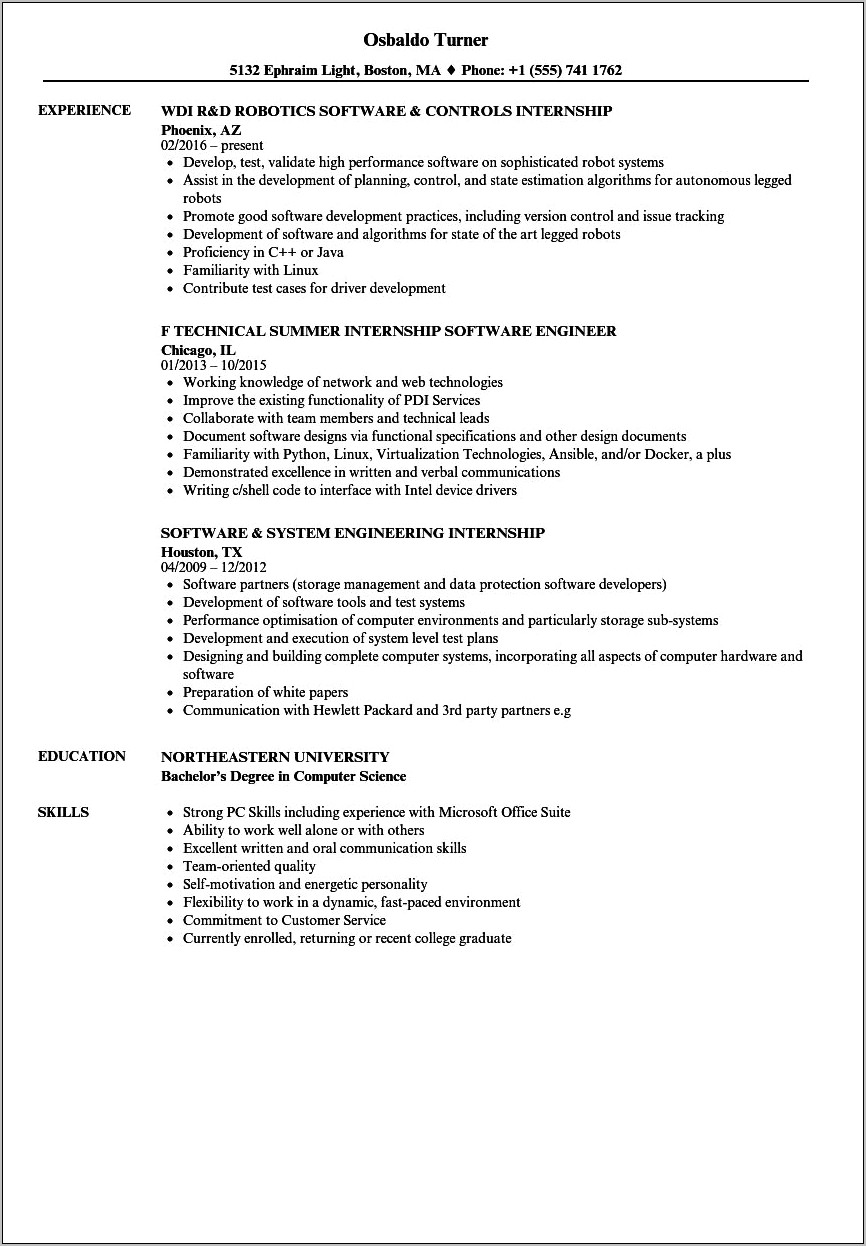 Resume For Internship Samples Student