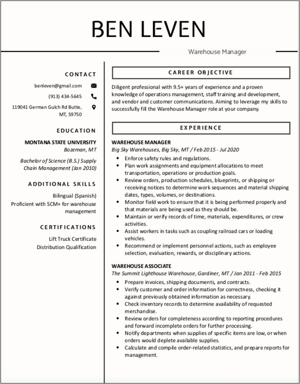Resume For Manager On Duty