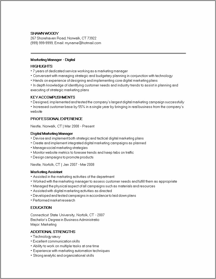 Resume For Marketing Position Sample