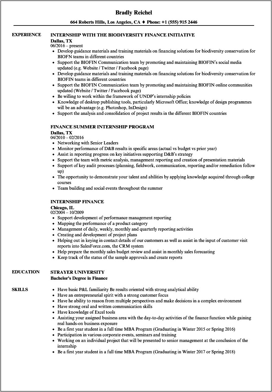 Resume For Mba Internship Sample