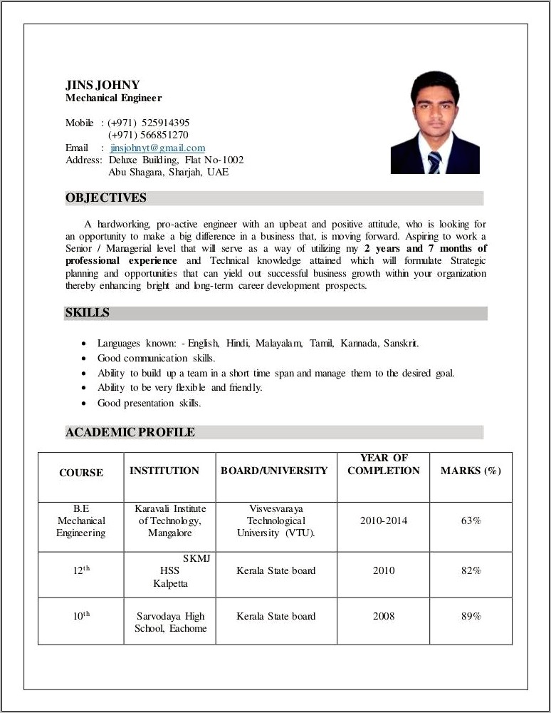 Resume For Mechanical Engineering Job