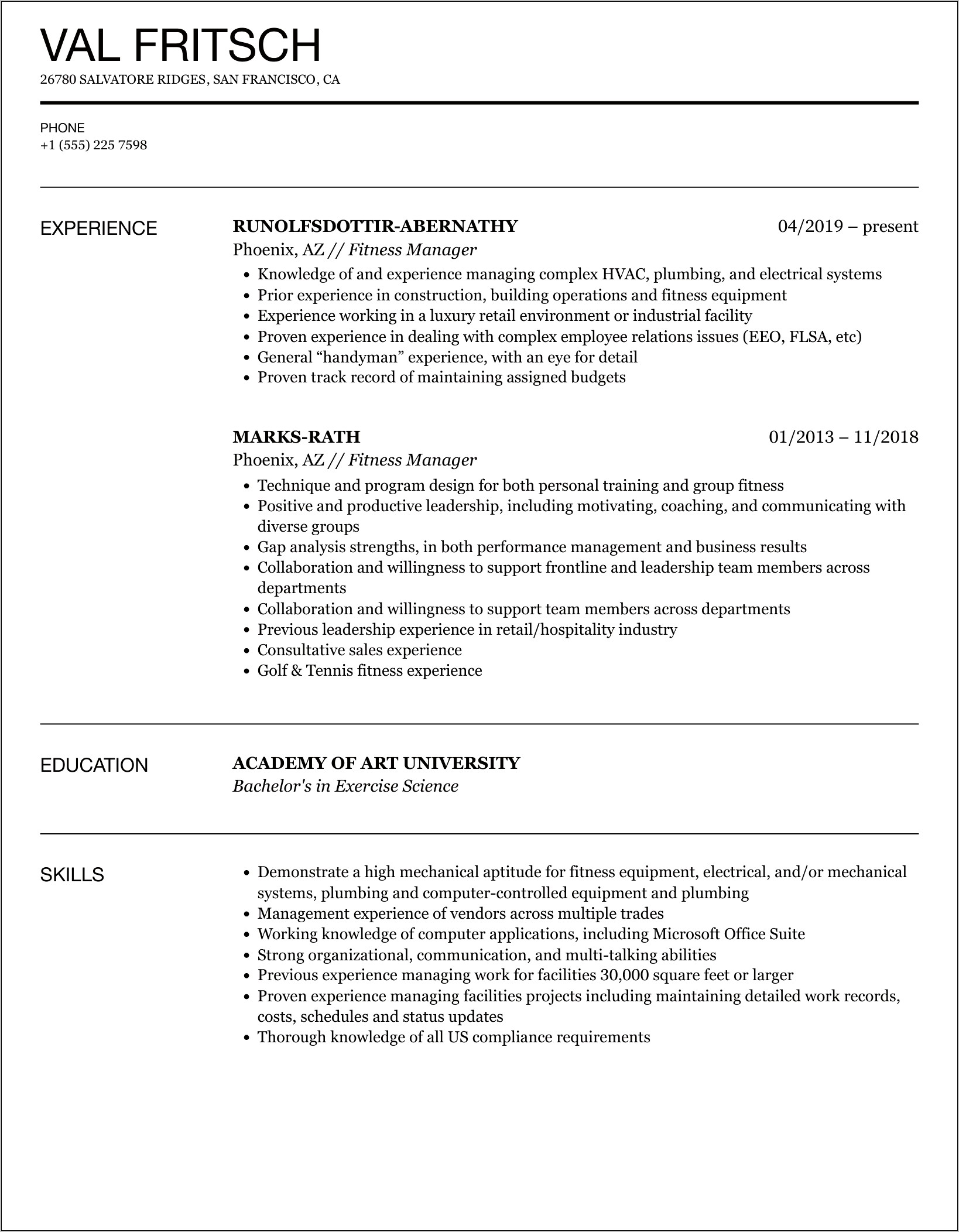 Resume For Planet Fitness Manager