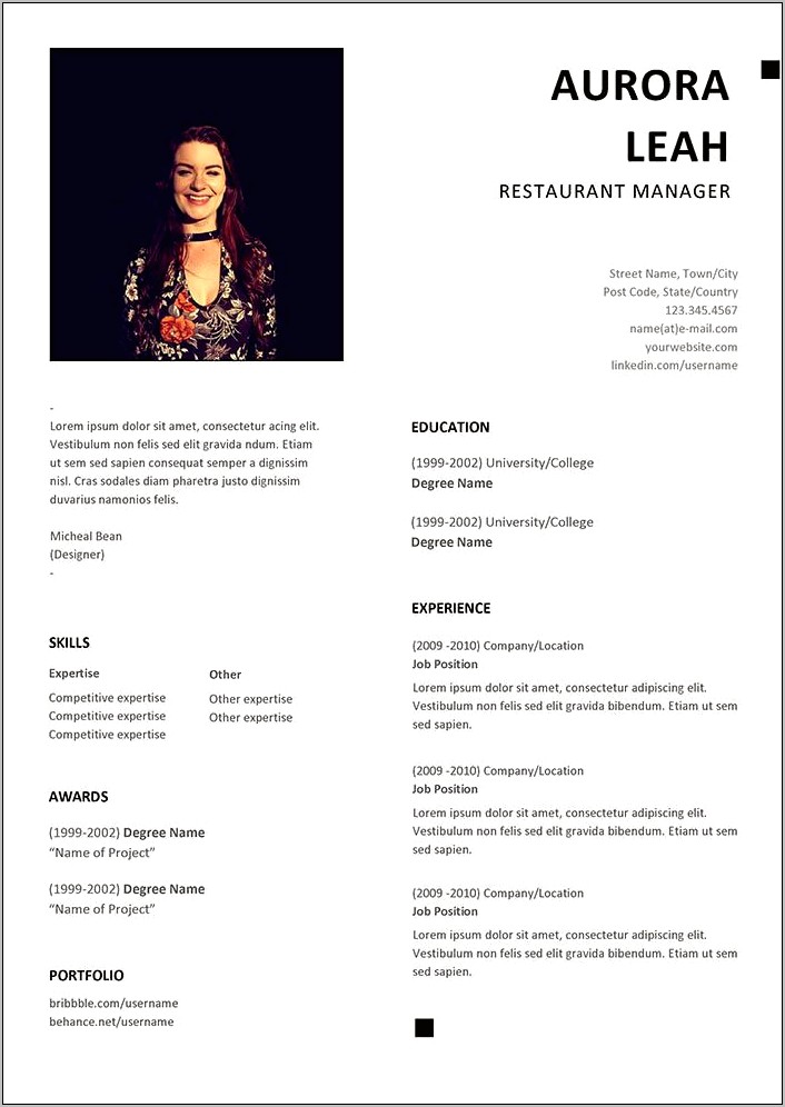 Resume For Previous Restaurant Manager