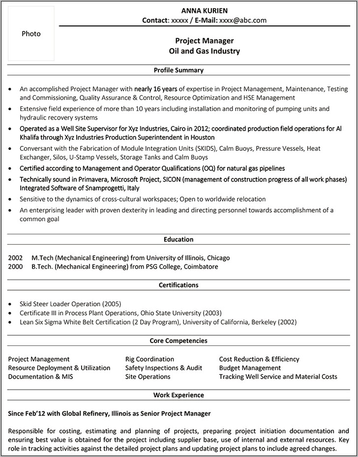 Resume For Project Manager Engineering