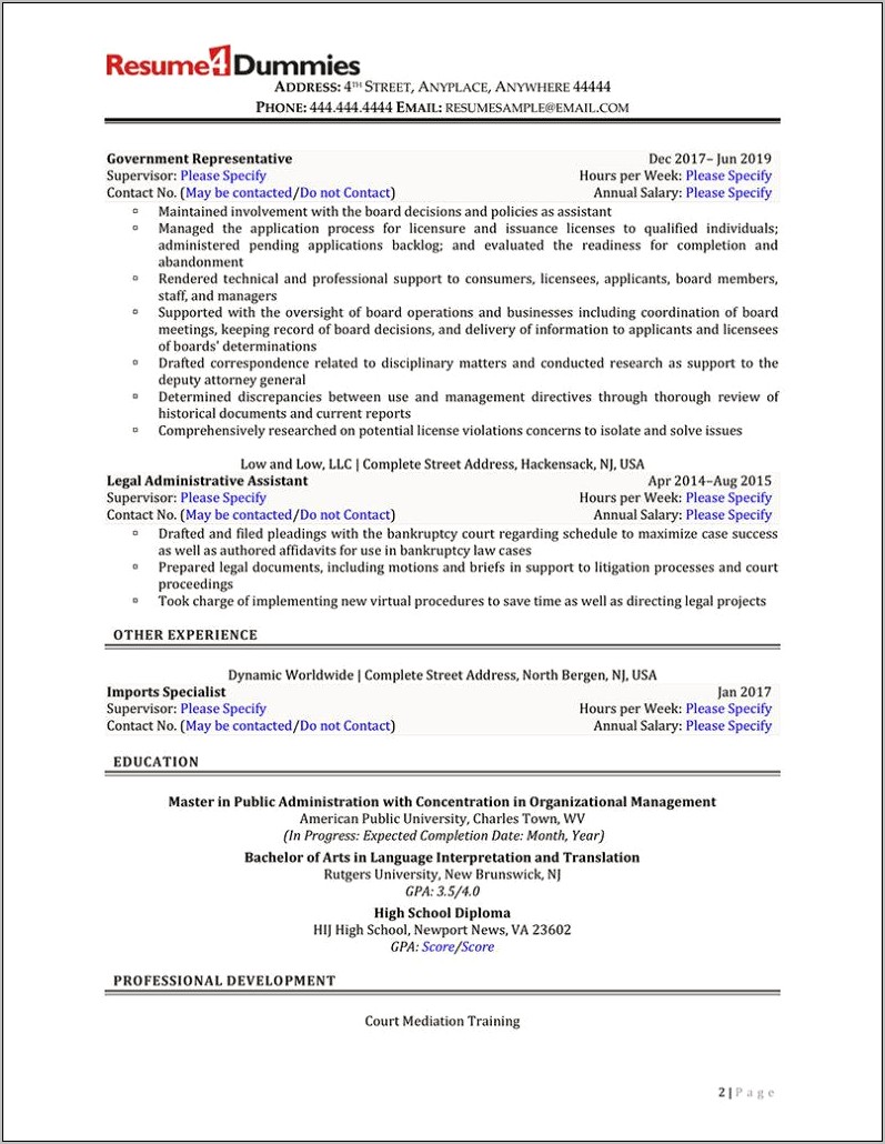 Resume For Public Administration Job