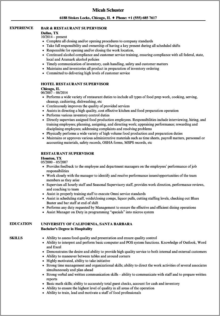Resume For Restaurant Job Manager