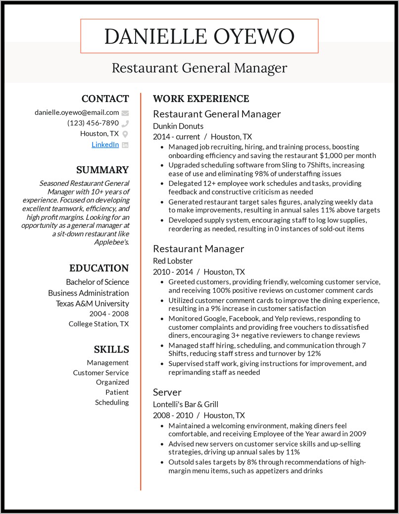 Resume For Restaurant Manager Objective