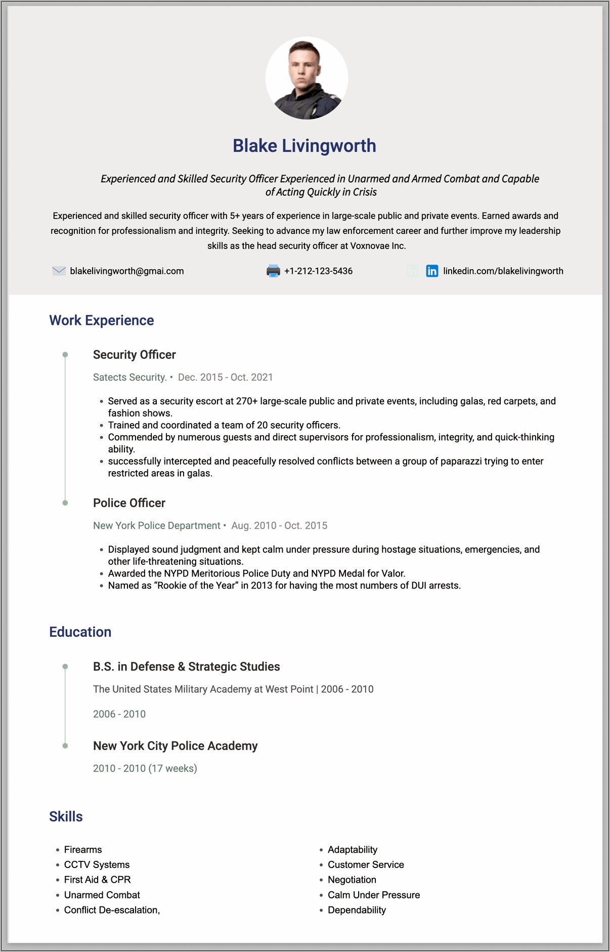 Resume For Security Guard Example