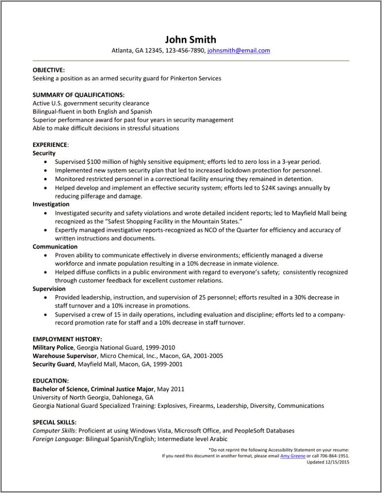 Resume For Security Guard Objective