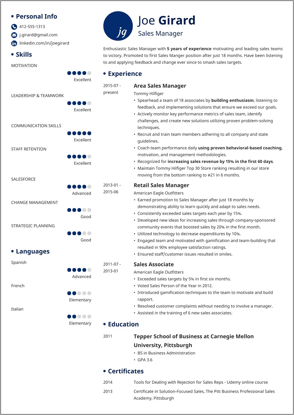 Resume For Smerf Sales Manager