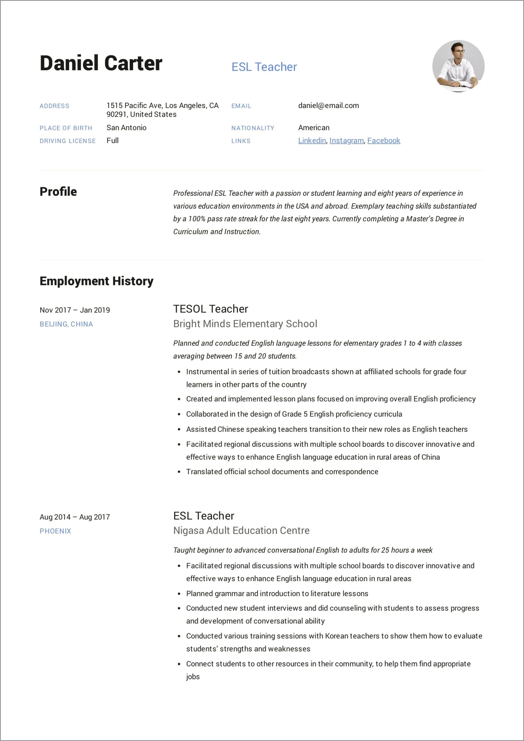 Resume For Student Teaching Sample